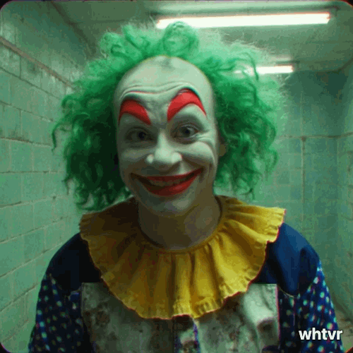 Clown, in a bathroom, giving a thumbs up, 90s handicam aesthetic, camcorder zoom
