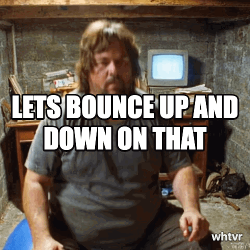 90s handicam aesthetic of a fully grown chud man in front of a desk in his basement, bouncing on a yoga ball giving a thumbs up