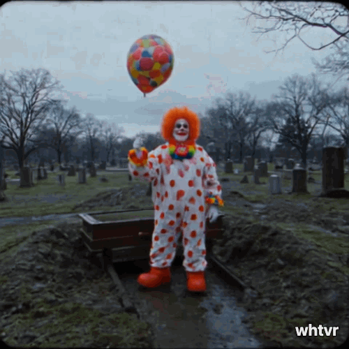 vhs camcorder footage of a clown standing graveside, with a balloon, during a funeral, camcorder zoom
